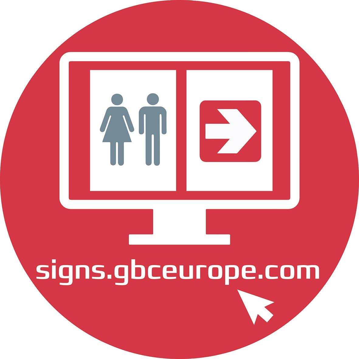 Väggskylt med symbol för toalett och pil, vit text på röd bakgrund, hemsida signs.gbceurope.com