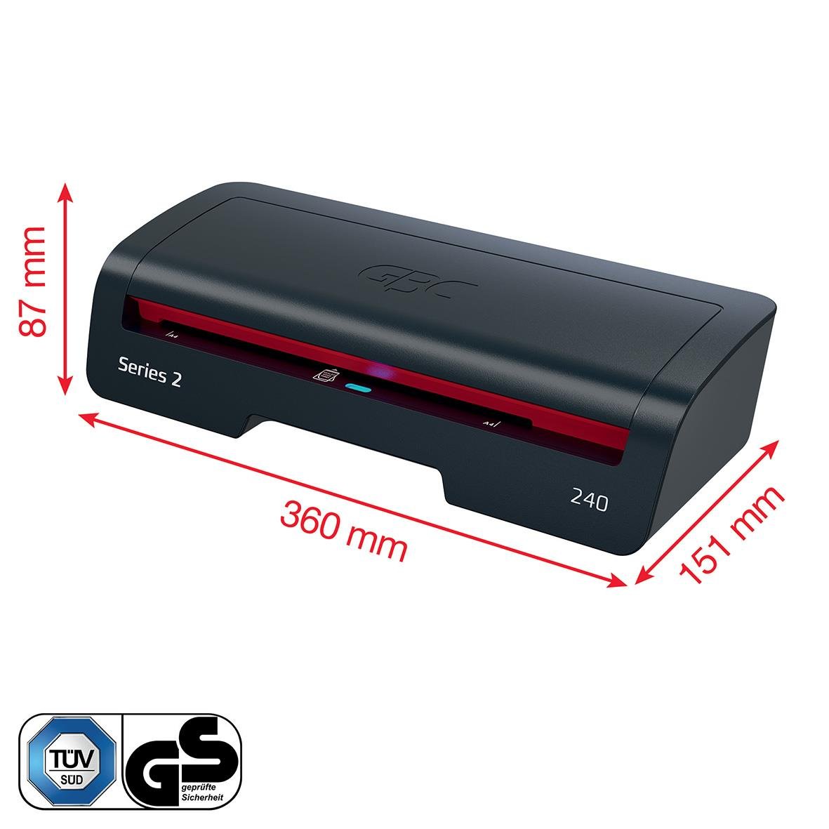 Lamineringsmaskin GBC 240 Series 2 A4 med mått på 360x151x87 mm