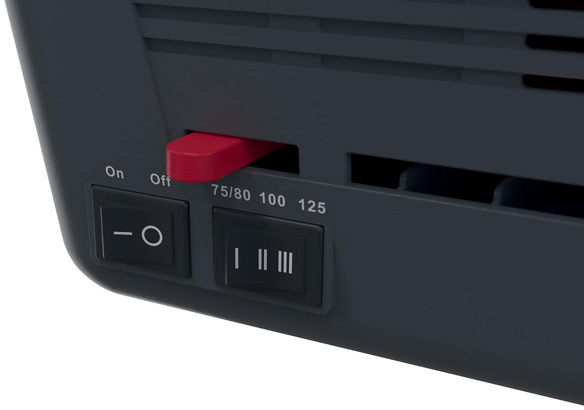 Närbild av laminator GBC 240 Series 2 för A4 med på/av-knapp och inställningsreglage