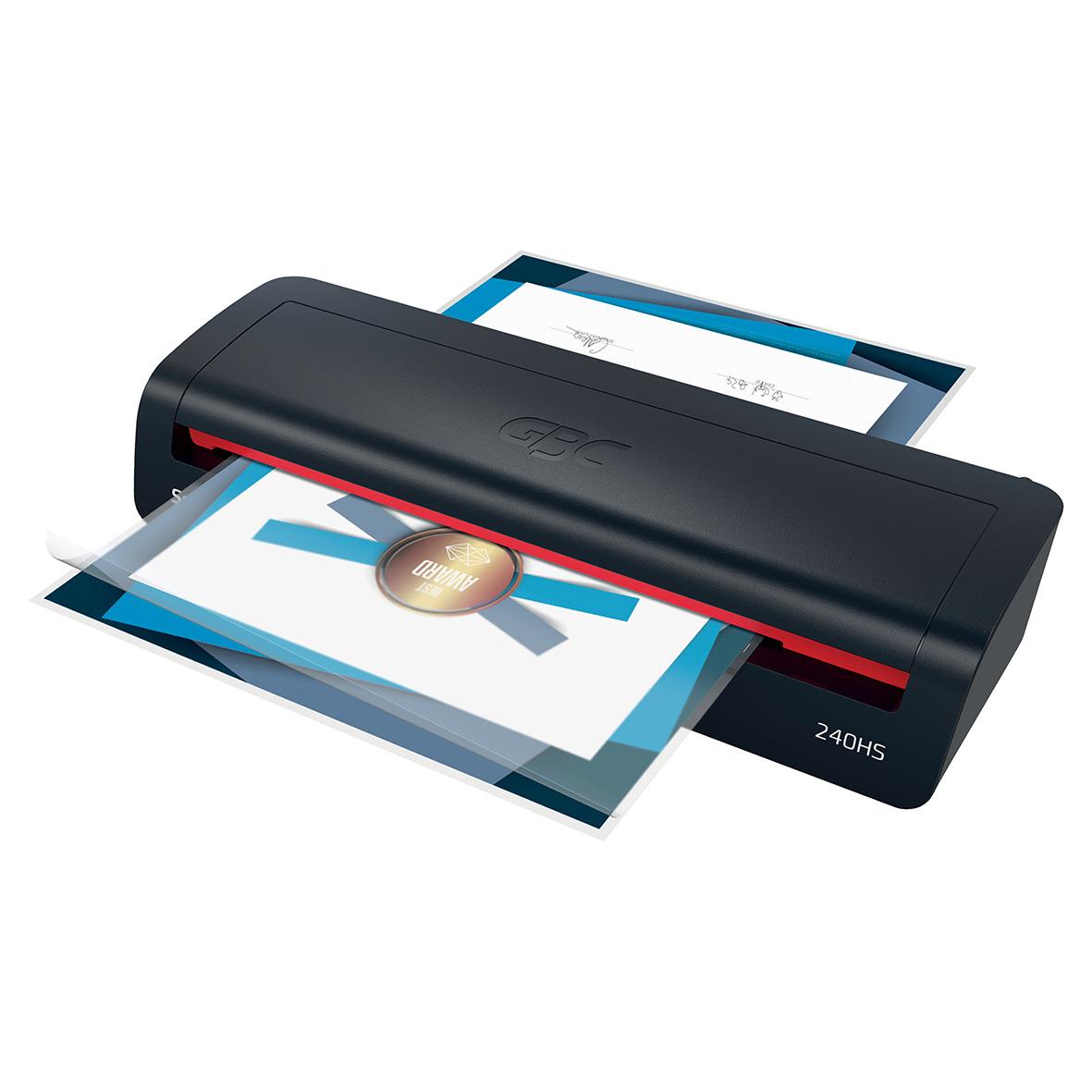 Lamineringsmaskin GBC 240HS Series 2 A3 i svart med laminatdokument