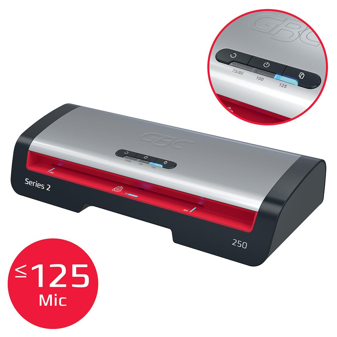 Lamineringsmaskin GBC 250 Series 2 för A4 med kontrollpanel och lamineringstemperatur