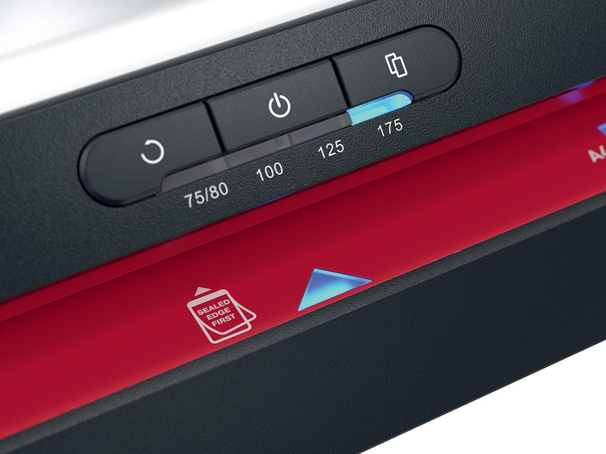 Närbild av lamineringsmaskin GBC 480HS Serie 4 A3 med kontrollknappar och indikatorer