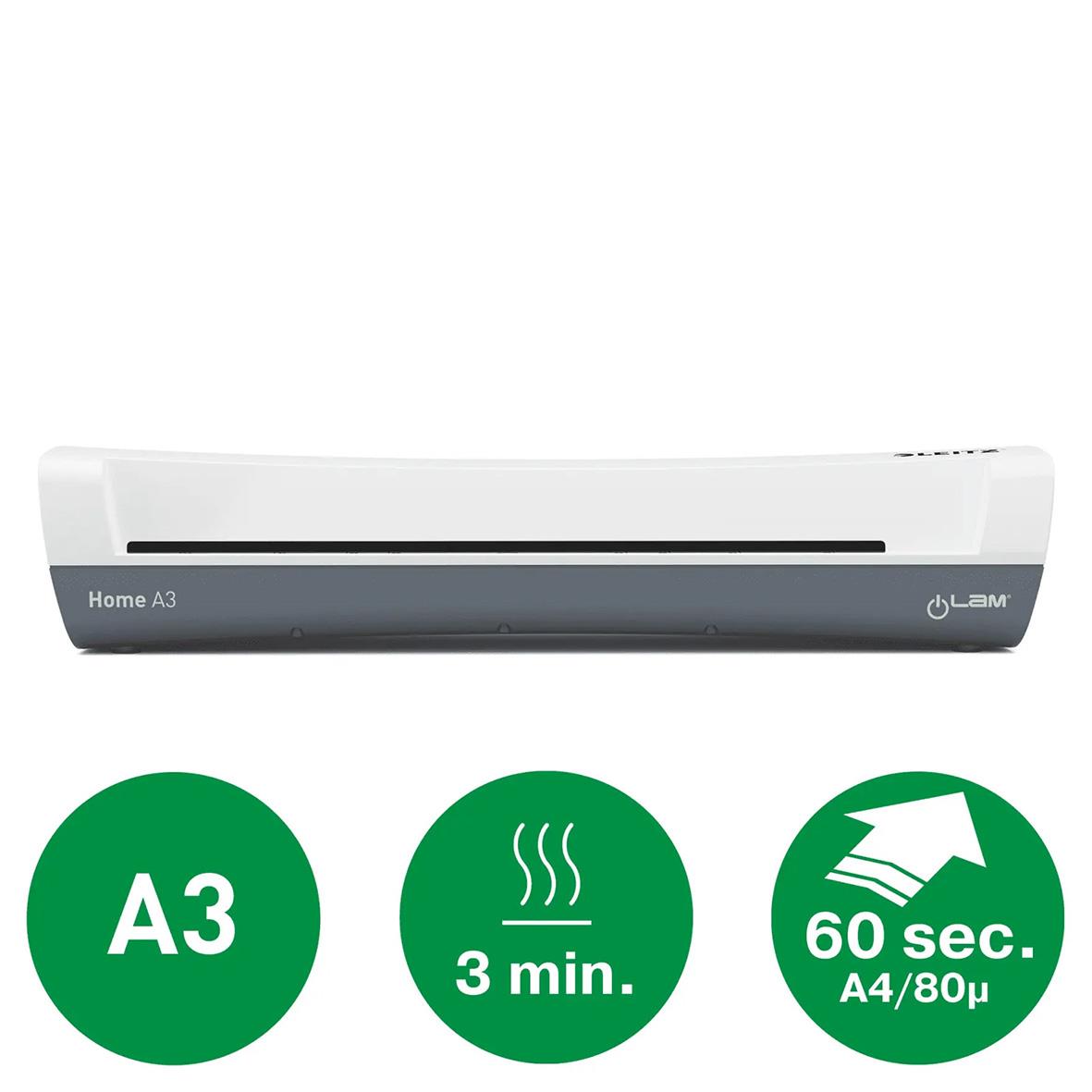 Vit lamineringsmaskin Leitz iLam Home A3 med symboler för A3, 3 min lamineringshastighet och 60 sekunder för A4/80μ