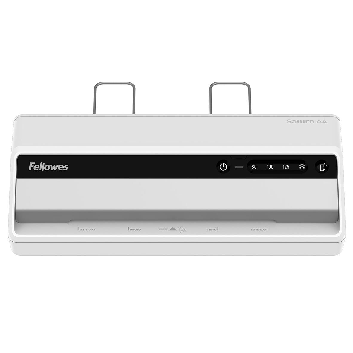 Lamineringsmaskin Fellowes Saturn A4 i vitt och svart färg med kontrollpanel och två inmatningsfack