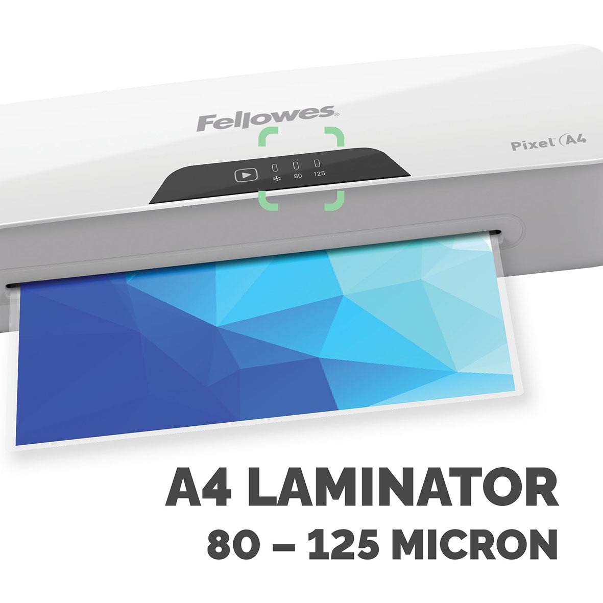 Fellowes Pixel A4 lamineringsmaskin med blå laminat och inställningar för 80-125 mikron