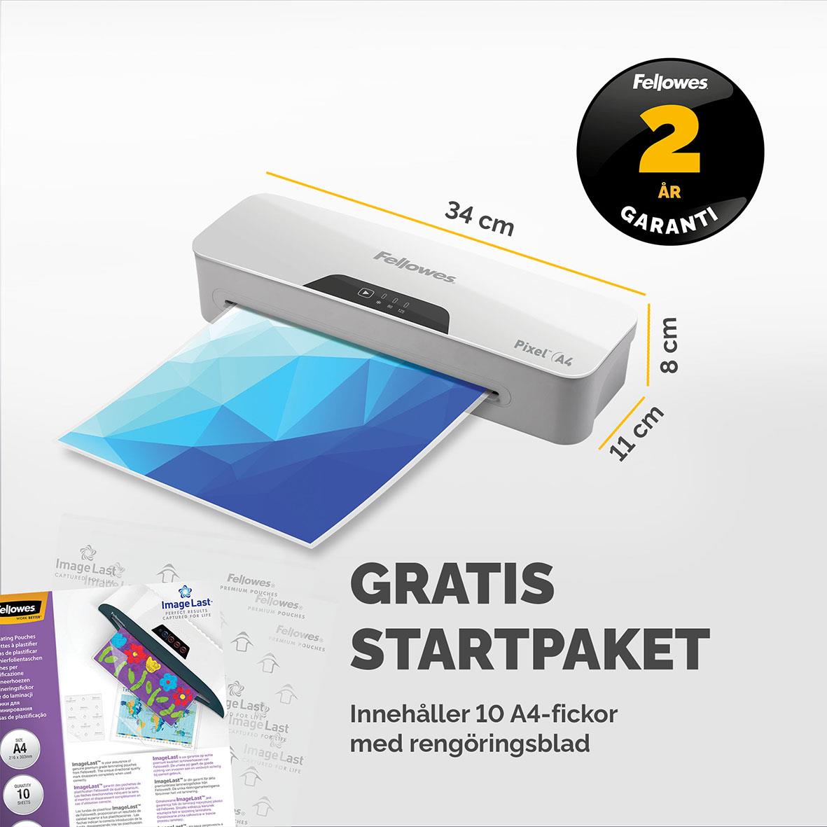 Fellowes Pixel A4 lamineringsmaskin med 34 cm bredd, 8 cm djup och 11 cm höjd, inklusive gratis startpaket med 10 A4-fickor