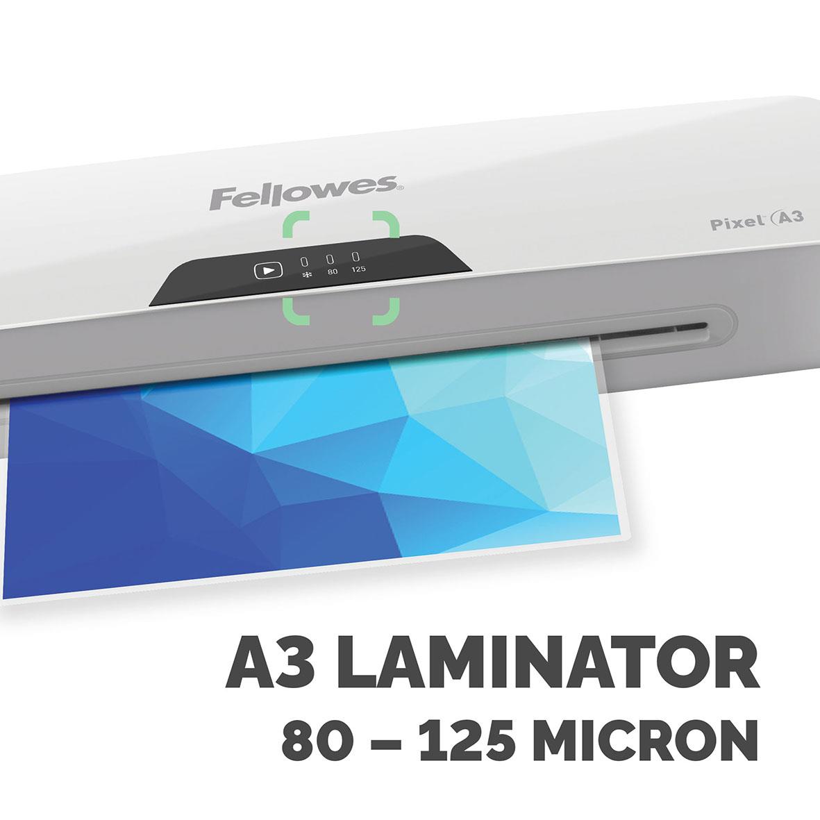 Fellowes Pixel A3 lamineringsmaskin med blå laminat och kontrollpanel