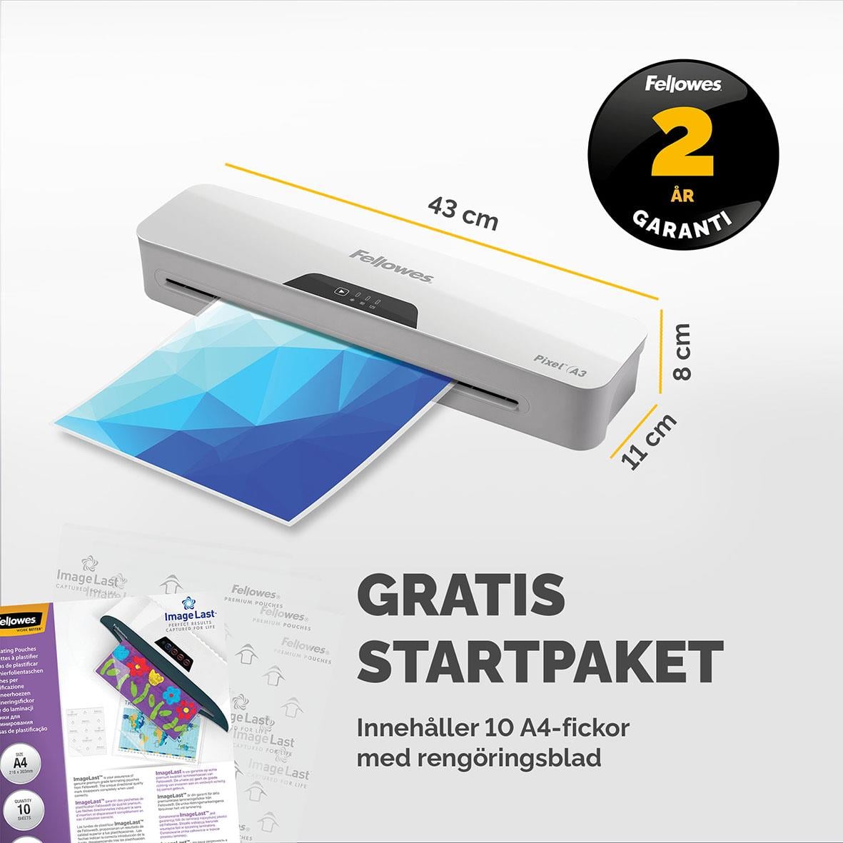 Lamineringsmaskin Fellowes Pixel A3 med måtten 43x11x8 cm och gratis startpaket med 10 A4-fickor