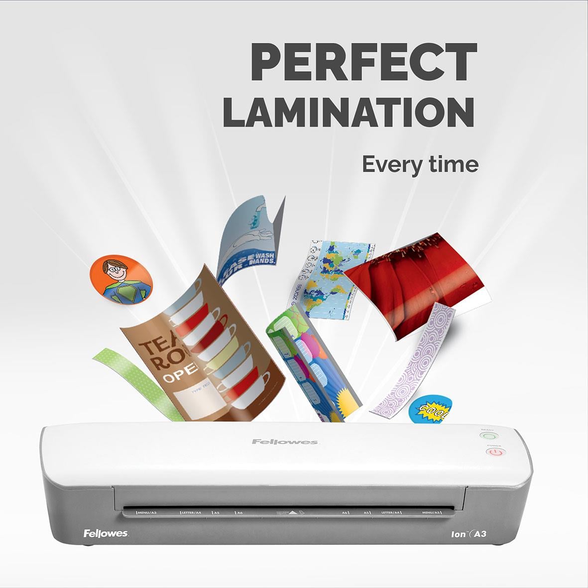 Lamineringsmaskin Fellowes Ion A3 med olika lamineringsmaterial ovanför