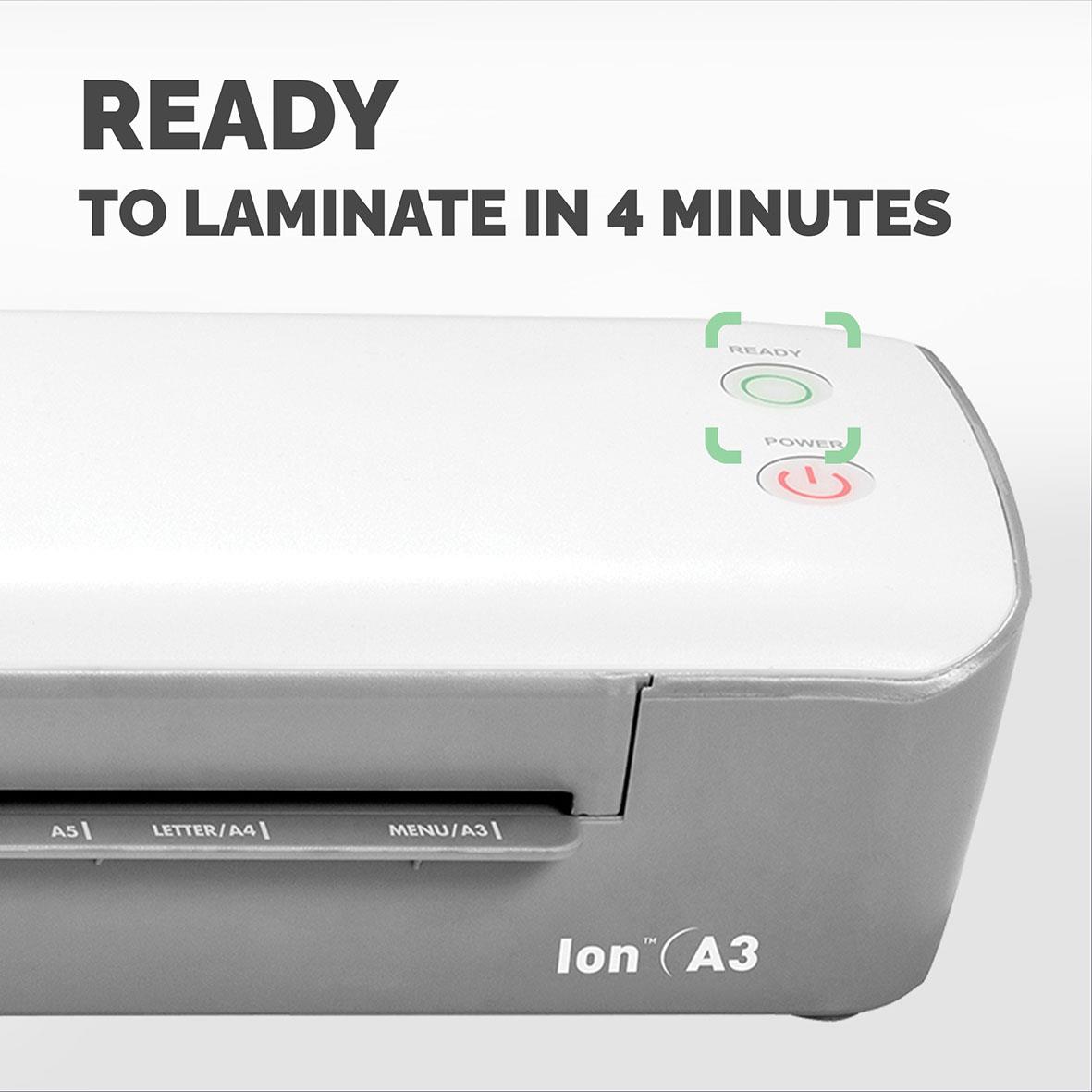 Fellowes Ion A3 lamineringsmaskin med texten Ready to laminate in 4 minutes