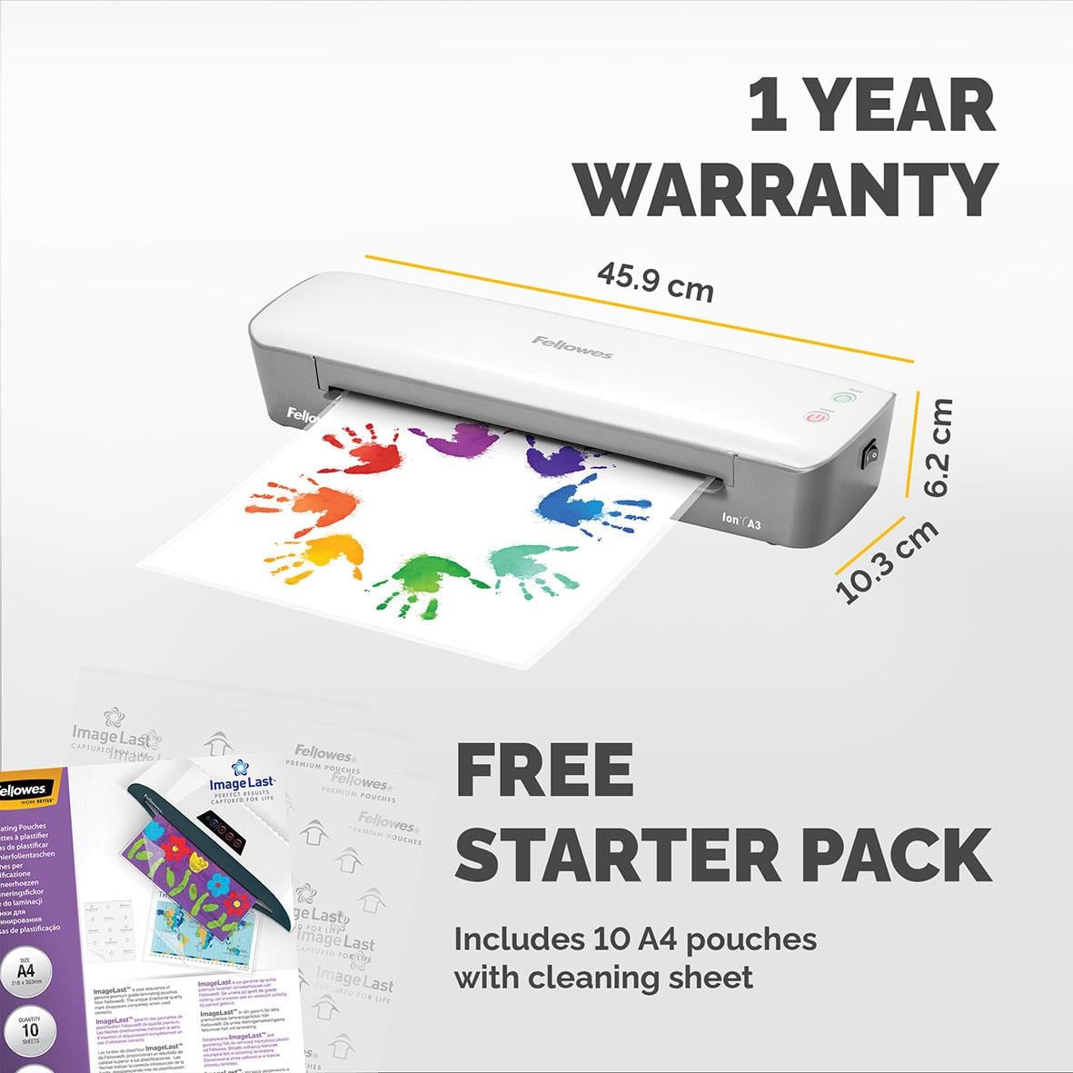 Lamineringsmaskin Fellowes Ion A3 med 1 års garanti och gratis startpaket med 10 A4-ark och rengöringsblad