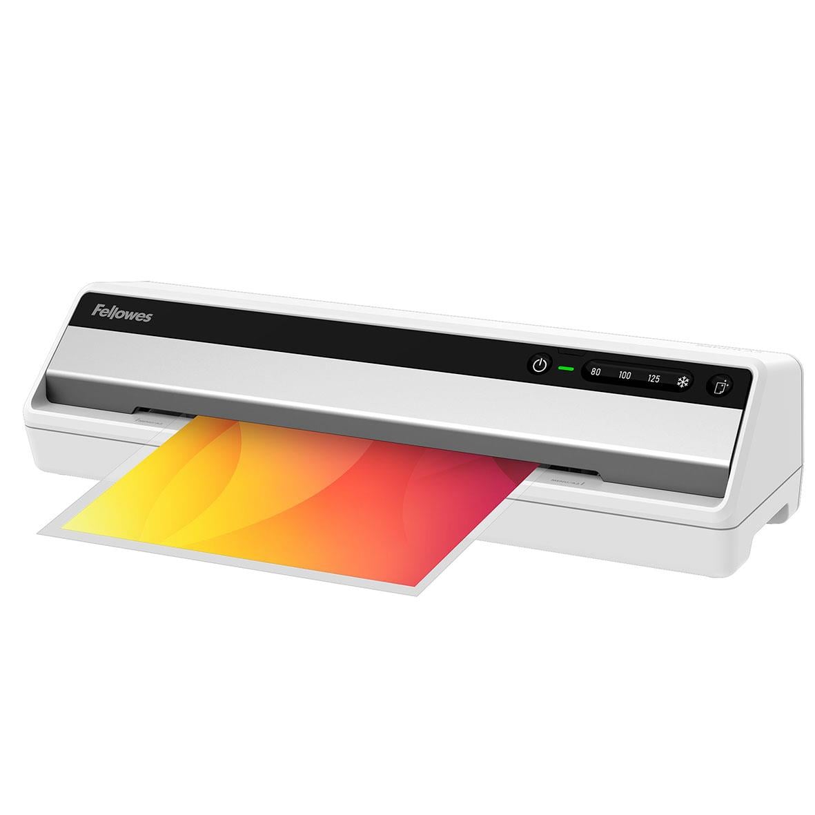 Lamineringsmaskin Fellowes Saturn A3 med svart och vit design och färgat papper som lamineras