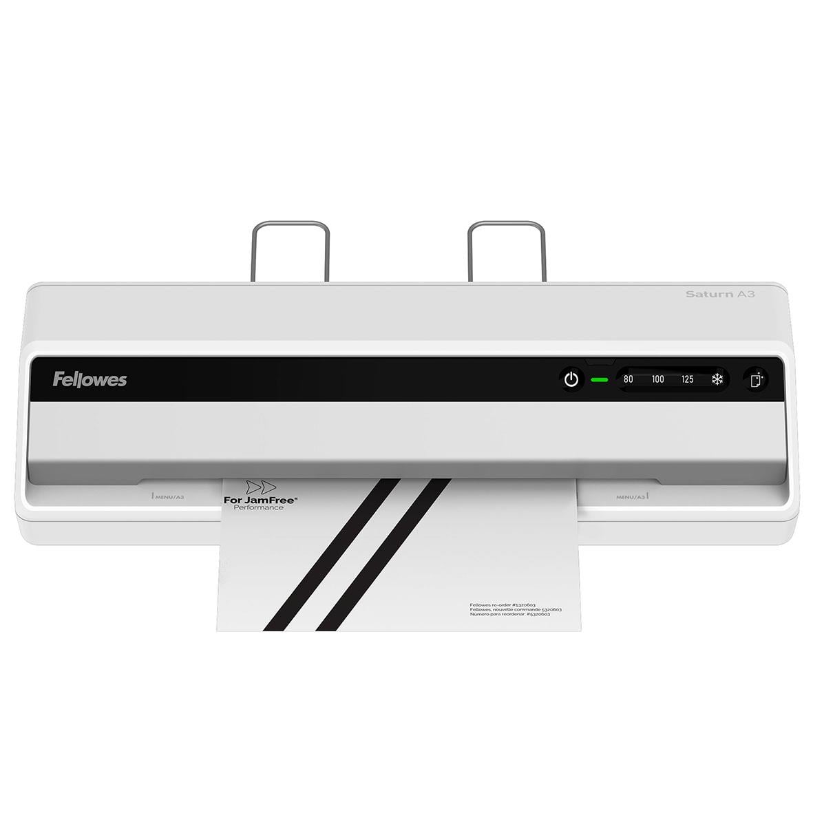 Lamineringsmaskin Fellowes Saturn A3 med kontrollpanel och laminatark