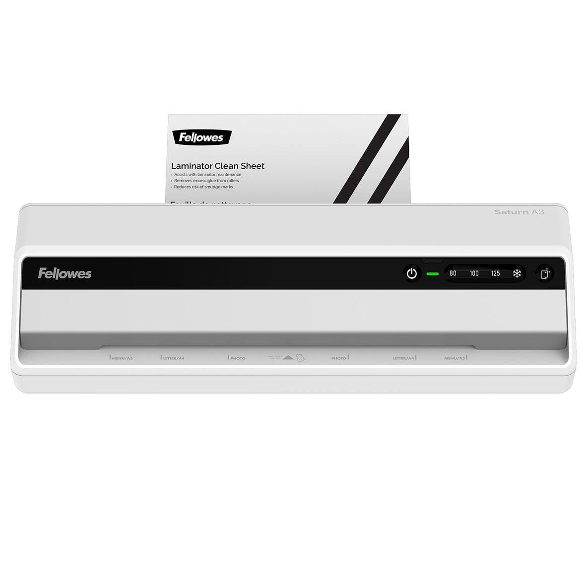 Lamineringsmaskin Fellowes Saturn A3 med kontrollpanel och laminatskivor