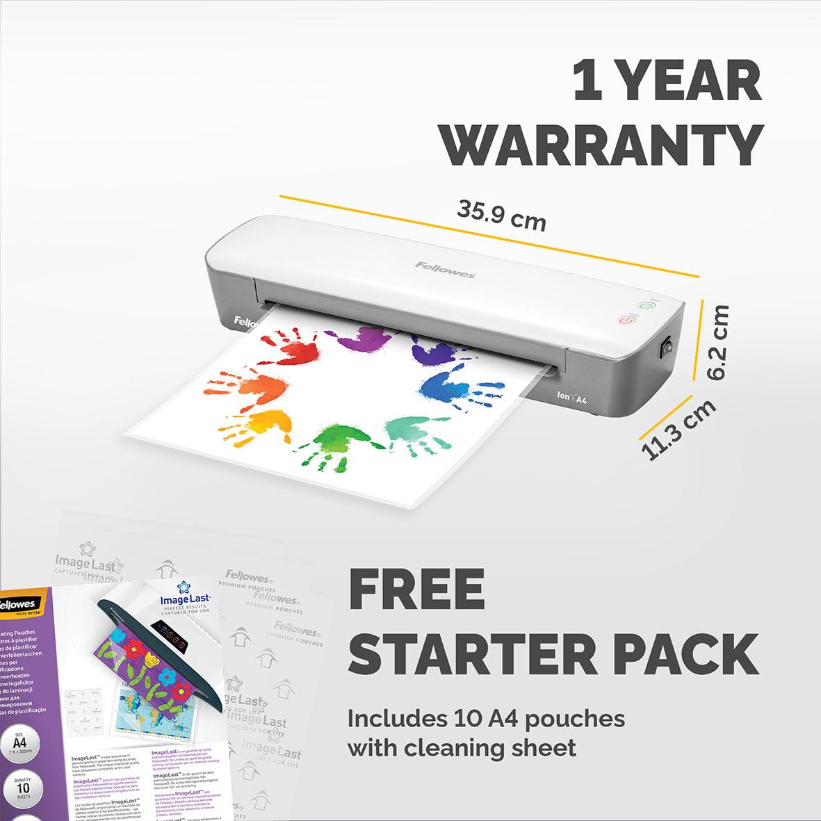Lamineringsmaskin Fellowes Ion A4 med 1 års garanti och gratis startpaket med 10 A4-påsar och rengöringsblad