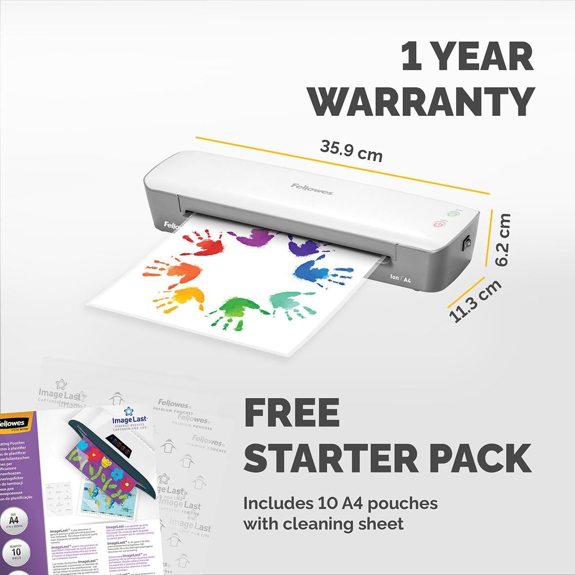 Lamineringsmaskin Fellowes Ion A4 med 1 års garanti och gratis startpaket med 10 A4-påsar och rengöringsblad