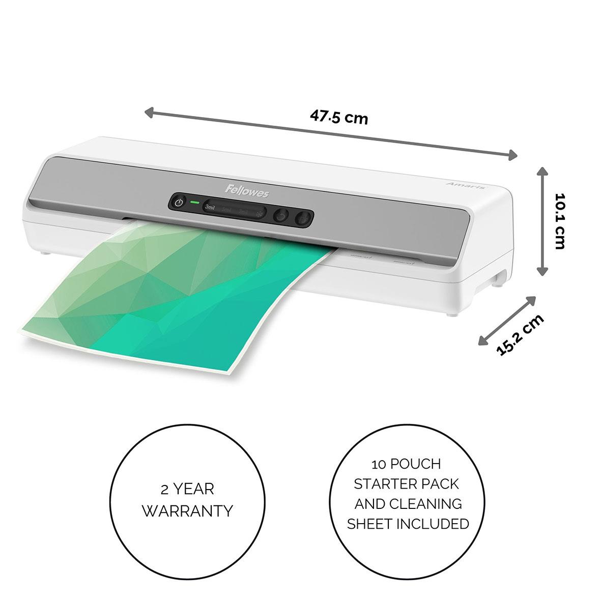 Lamineringsmaskin Fellowes Amaris A3 med mått på 47.5 cm bredd och 10.1 cm höjd, visar laminering av papper.