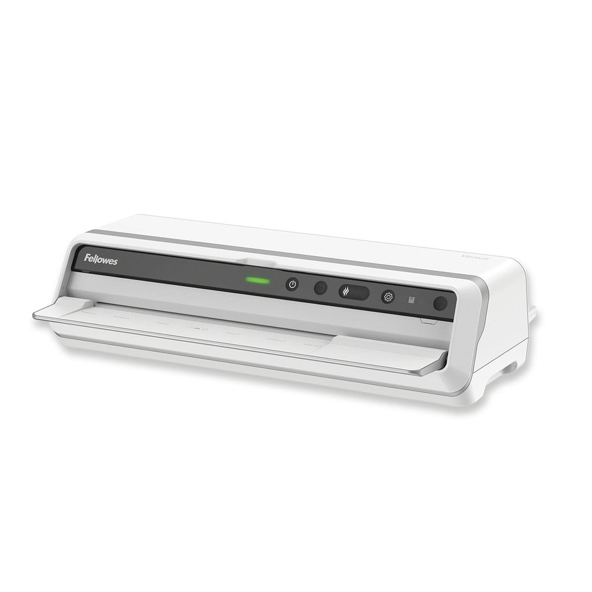 Lamineringsmaskin Fellowes Venus A3 i vitt och svart med kontrollpanel och grönt indikatorljus