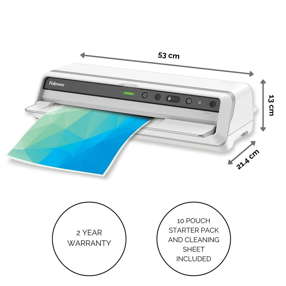 Fellowes Venus A3 lamineringsmaskin med dokument som lamineras, mått 53 cm bred, 13,3 cm hög, 24 cm djup, inkluderar startpaket och garanti