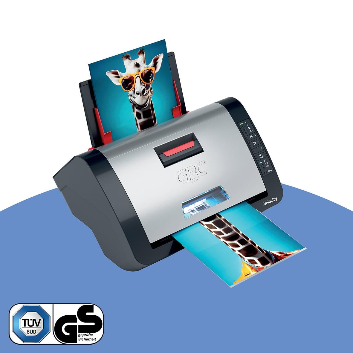 Lamineringsmaskin GBC Velocity Automatisk A4 med bild av giraff i bakgrunden