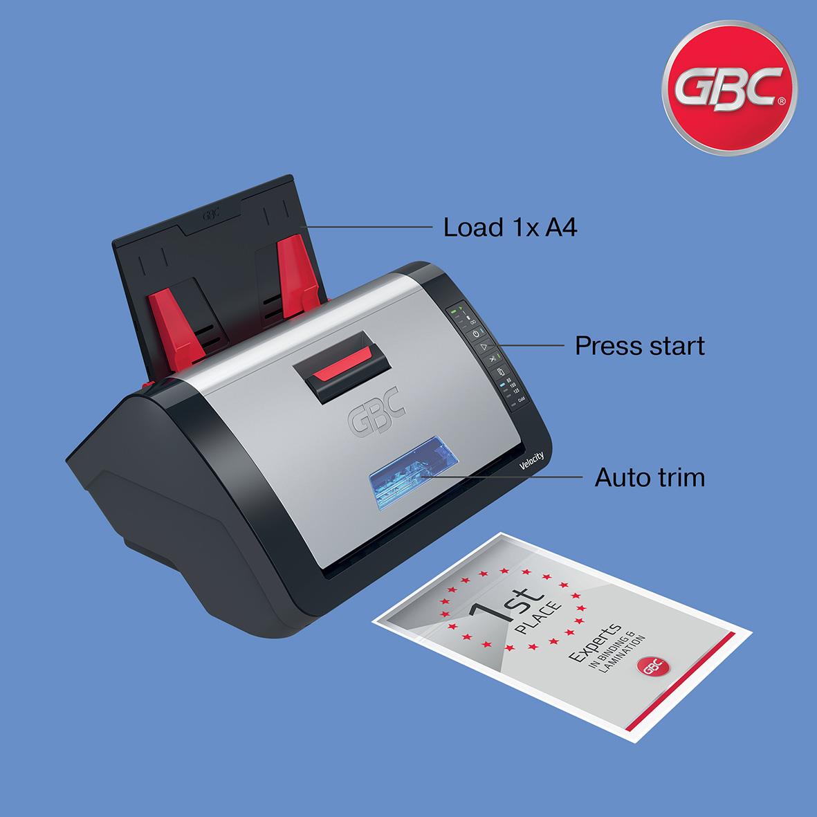 Lamineringsmaskin GBC Velocity automatisk A4 med laddningsfack, startknapp och automatisk trimfunktion