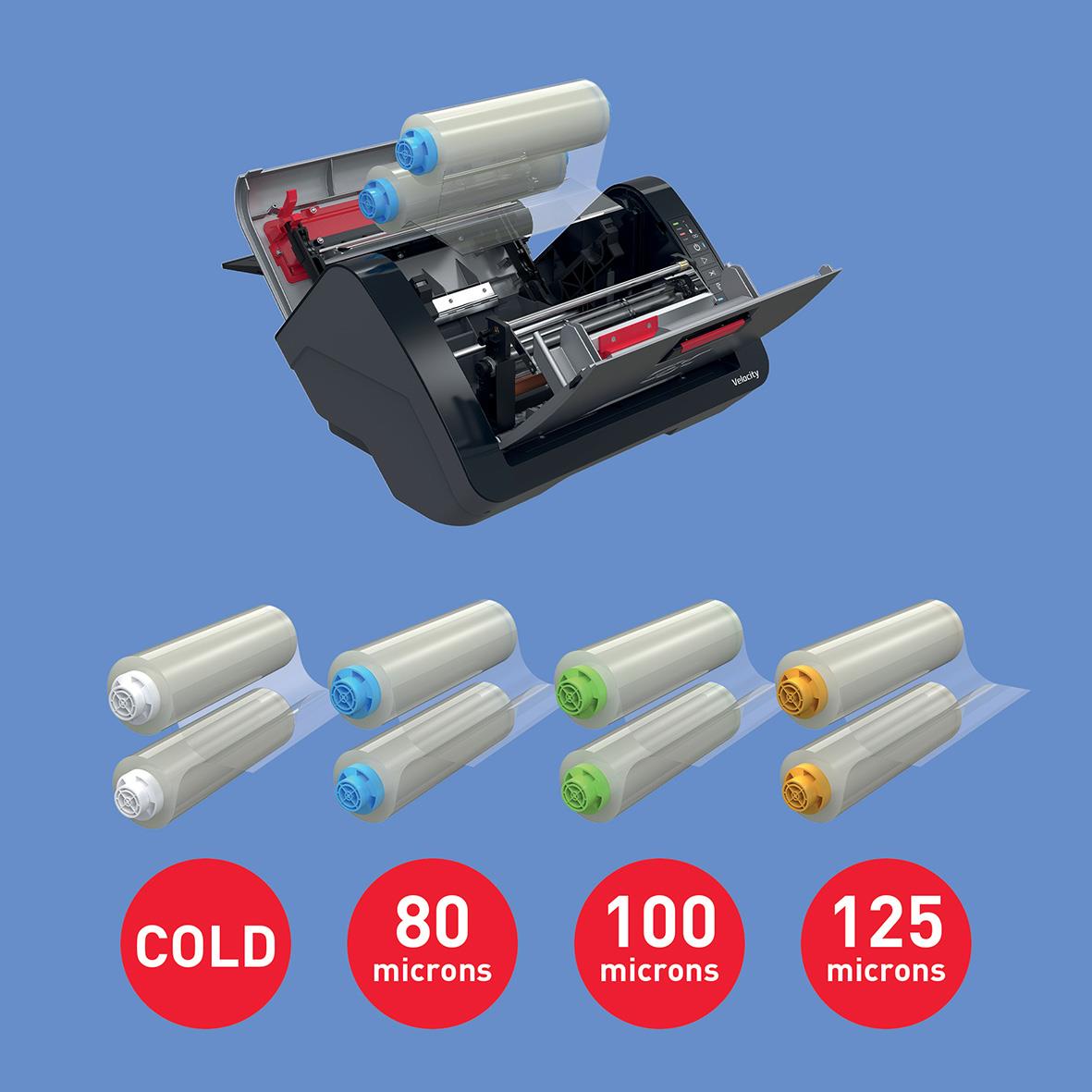 Lamineringsmaskin GBC Velocity Automatisk A4 med olika lamineringstjocklekar och färgade laminatroller