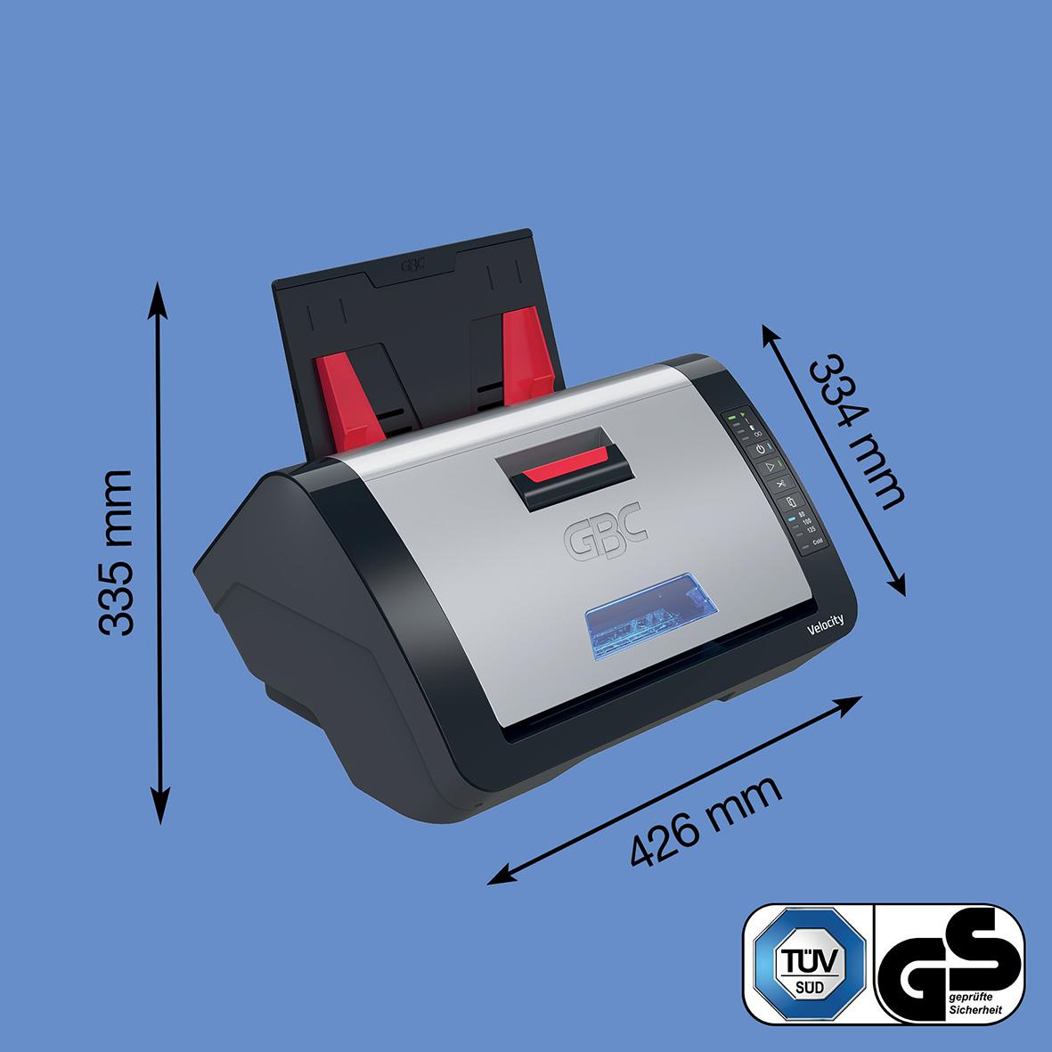 Lamineringsmaskin GBC Velocity automatisk A4 med mått 426x335x334 mm på blå bakgrund