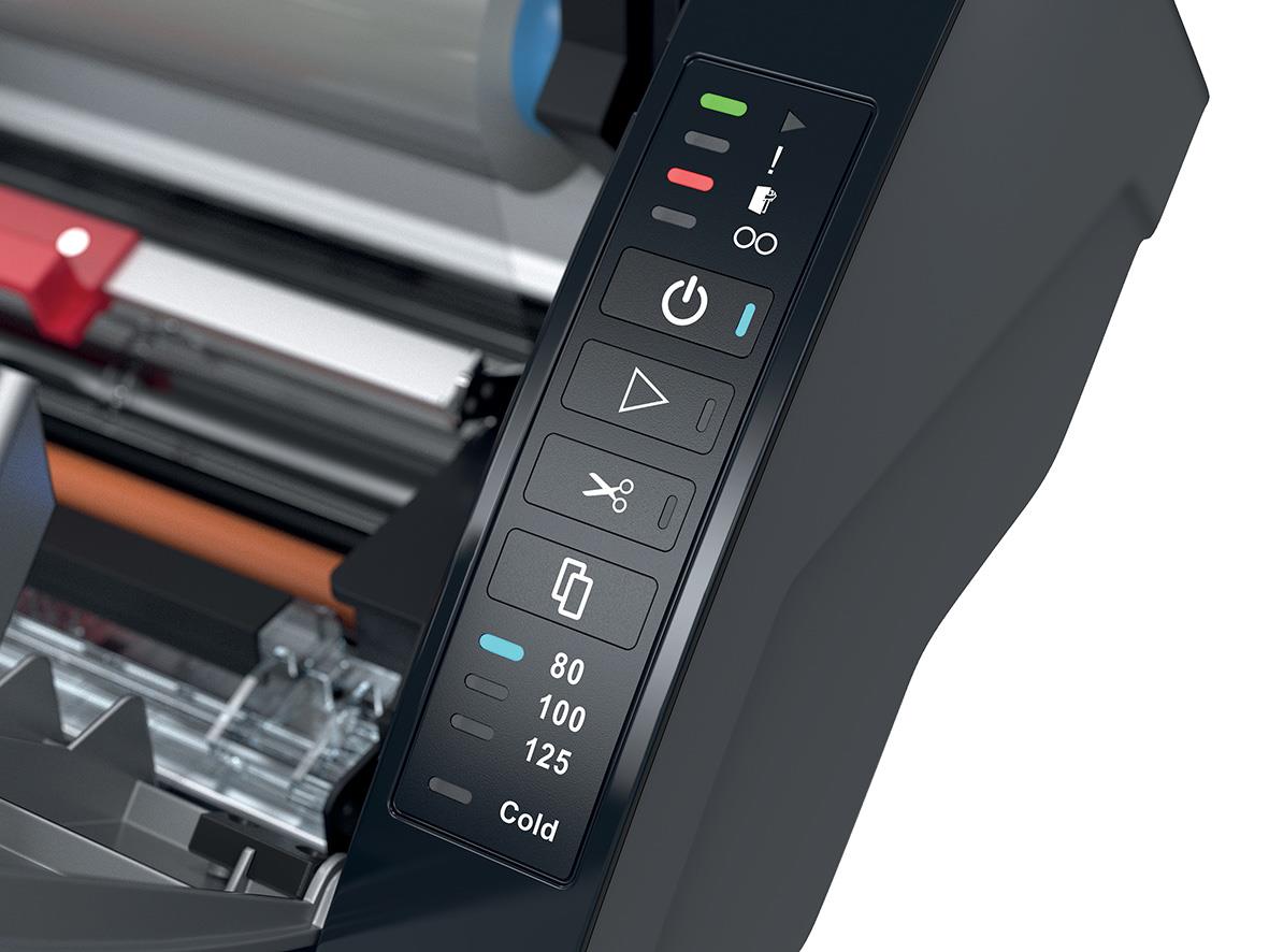 Närbild av GBC Velocity laminator med kontrollpanel och inställningar för A4 laminering