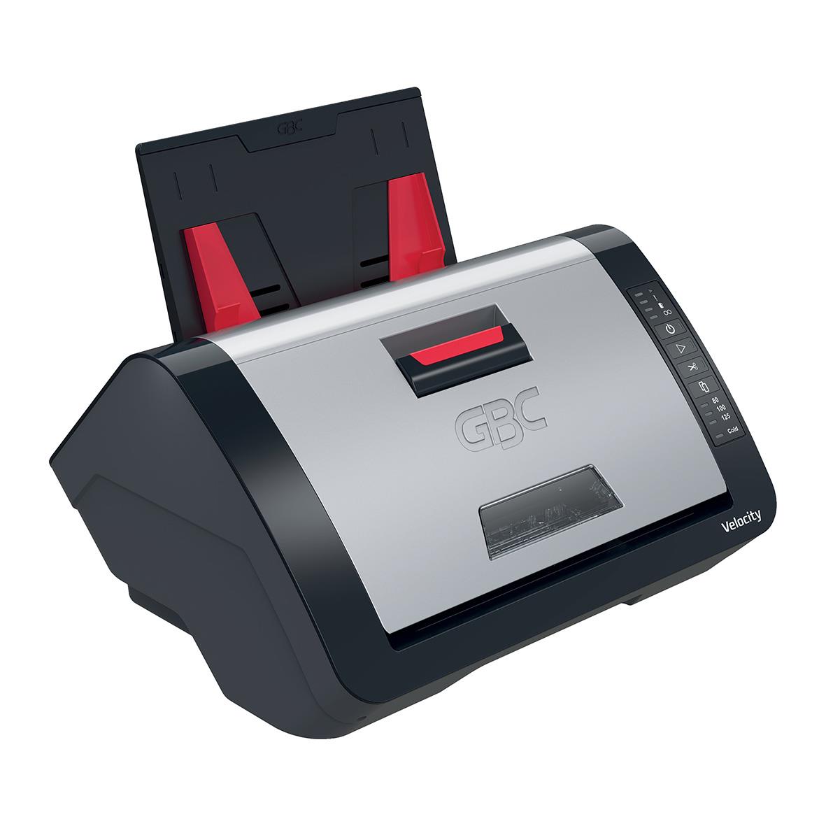 Lamineringsmaskin GBC Velocity Automatisk A4 med svart och silver design och röd knapp