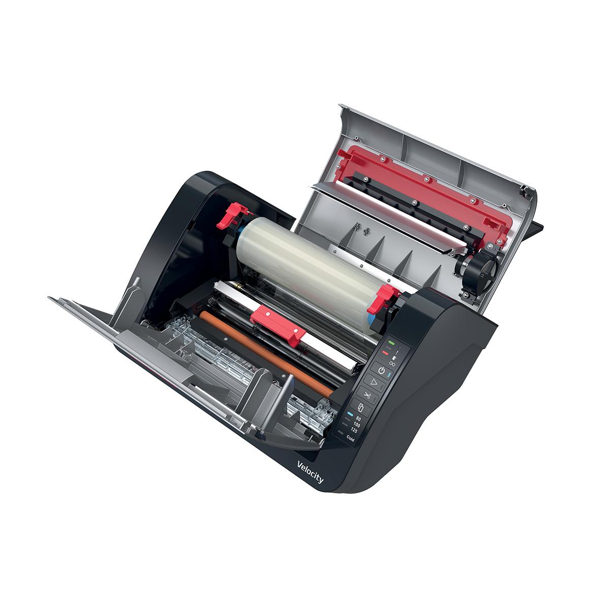 Lamineringsmaskin GBC Velocity Automatisk A4 med öppnad lock och laminatorrulle