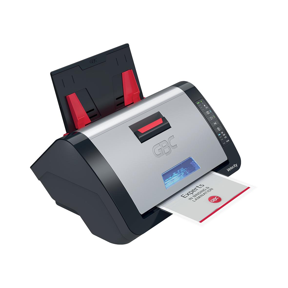 Lamineringsmaskin GBC Velocity Automatisk A4 med svart och silver design och rött lock