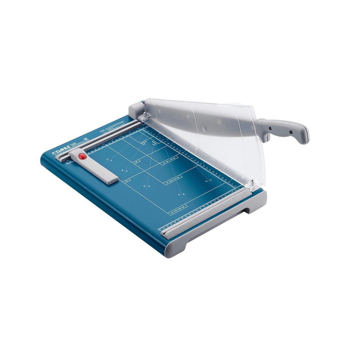 Skärmaskin Dahle 560 A4 med transparent skydd och skärlinjer för precisionsskärning