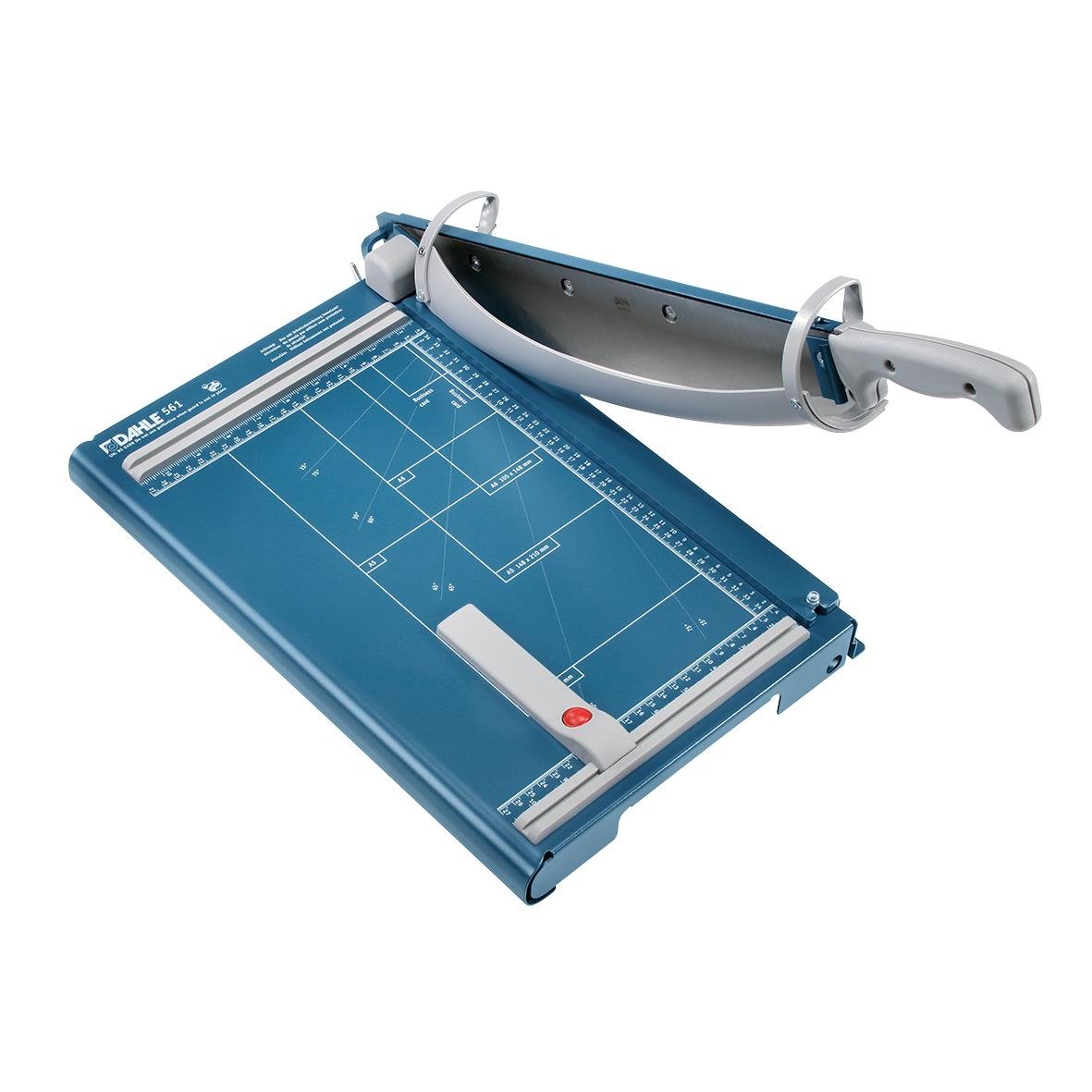 Skärmaskin Dahle 561 A4 med blå skärmatta och handtag för skärning av papper