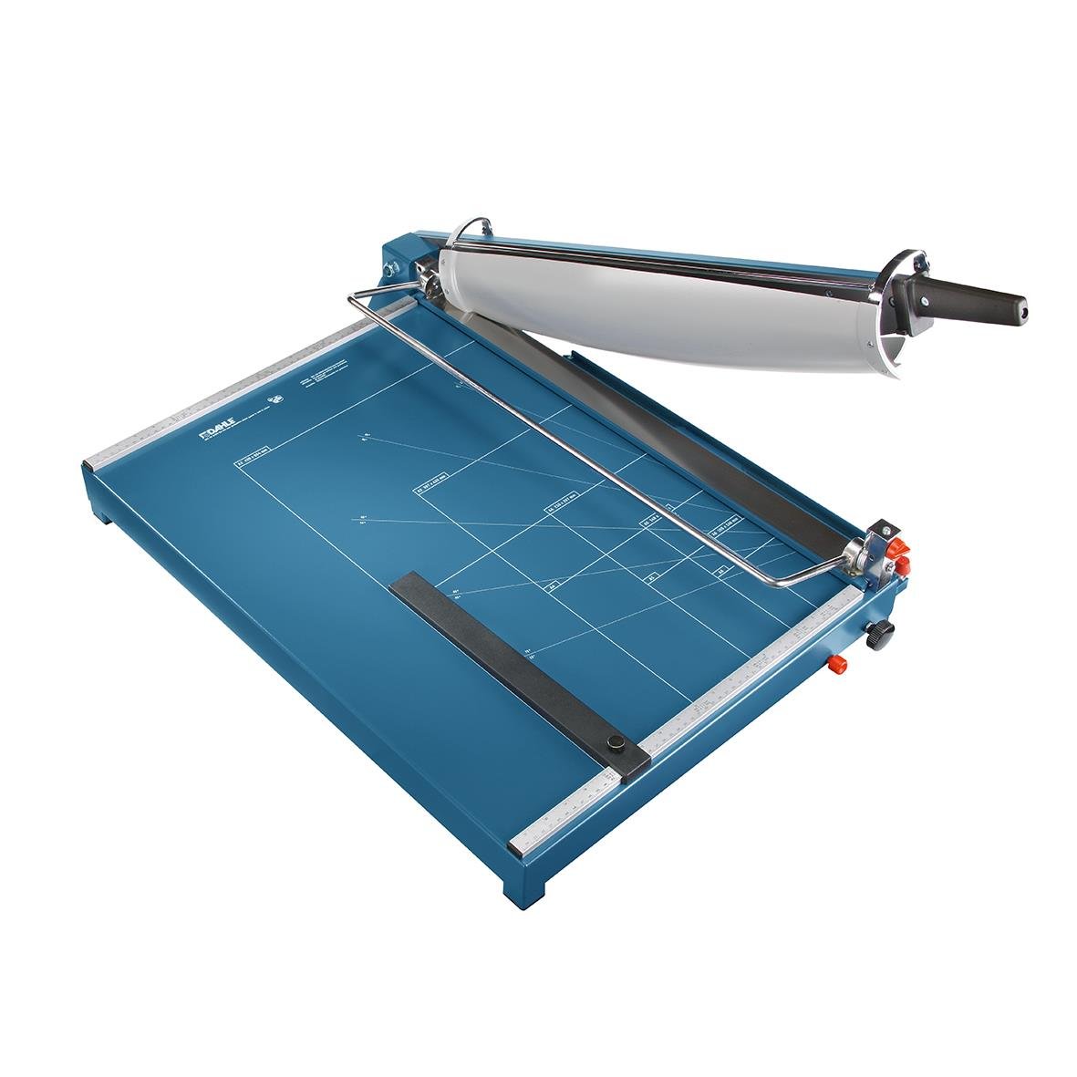 Skärmaskin Dahle 569 A2 med blå arbetsyta och rullningsfunktion för skärning av papper eller material