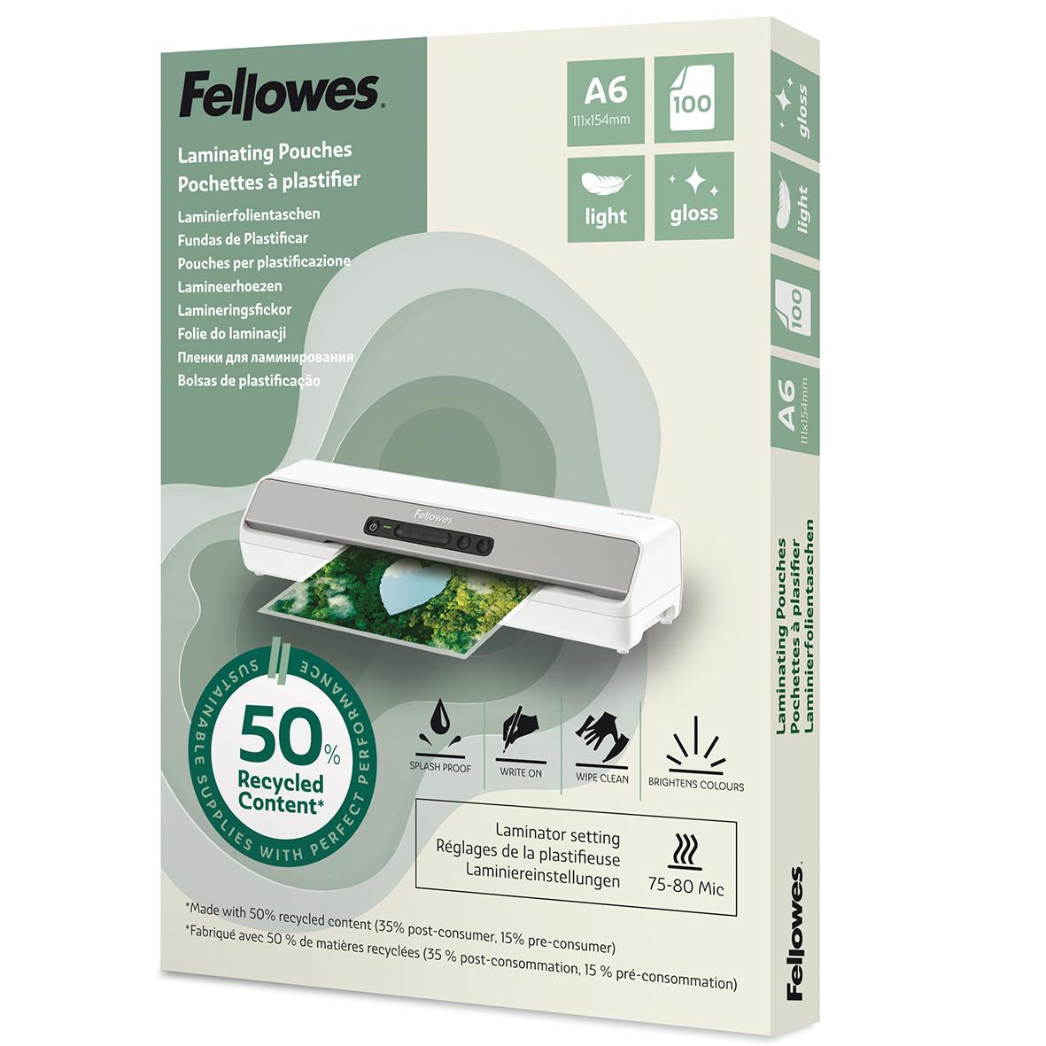 Lamineringsficka Fellowes 50% återvinningsbar ljus blank A6
