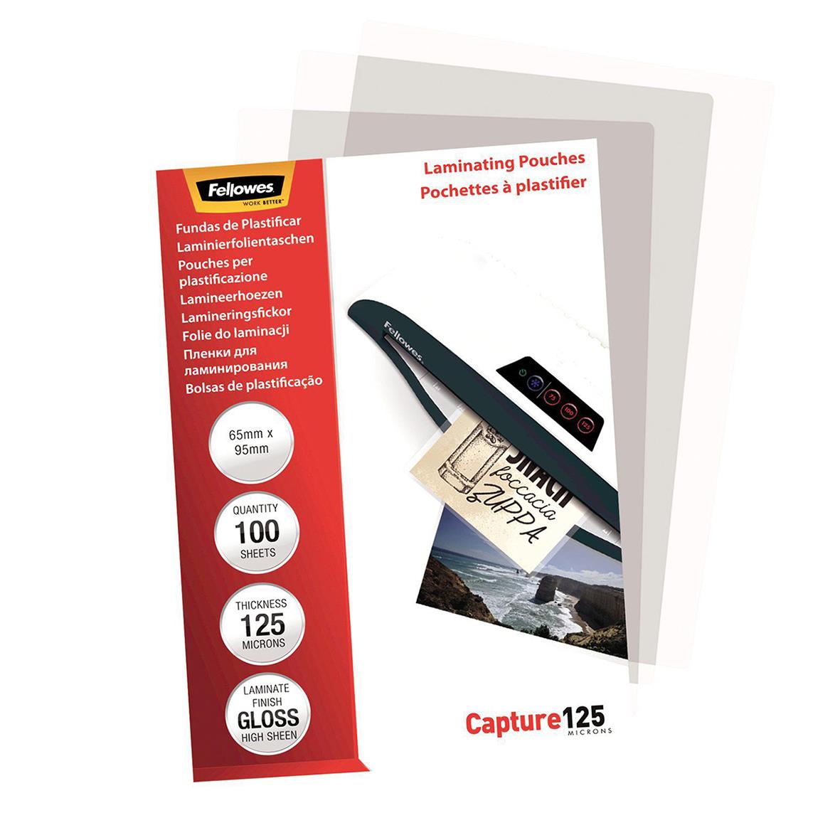 Fellowes lamineringsficka 125 micron, 65x95mm, pack med 100 blad, högblank finish
