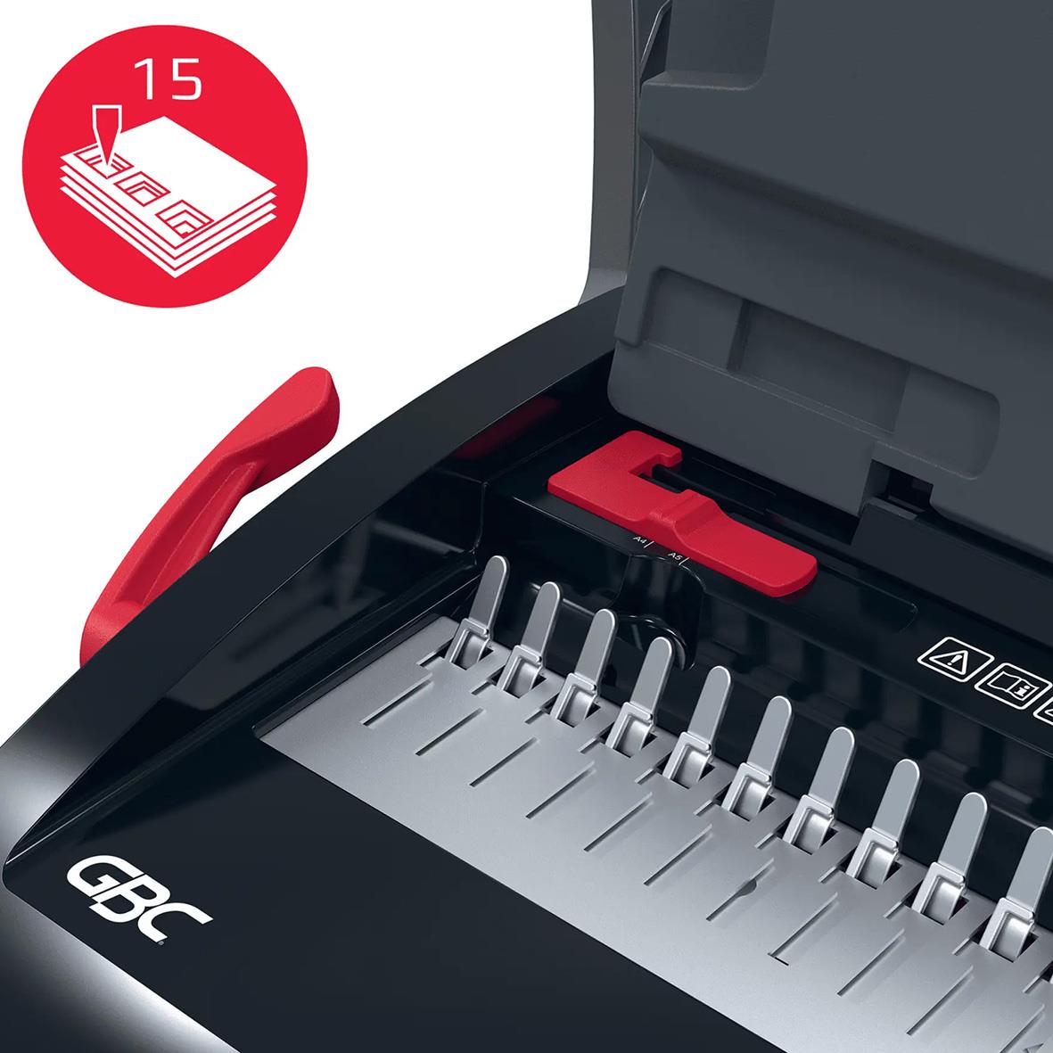 Spiralinbindningsmaskin GBC CombBind CB15 med inmatningsfack och bindningsstift