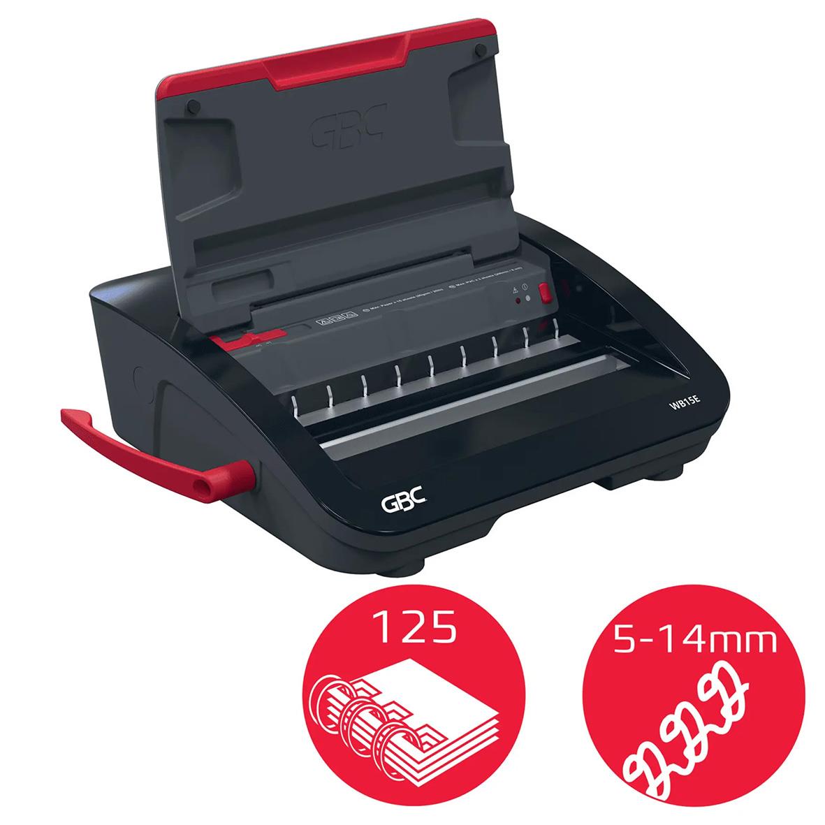 Spiralinbindningsmaskin GBC WireBind WB15E i svart och rött, för bindning av 5-14 mm tjocka dokument