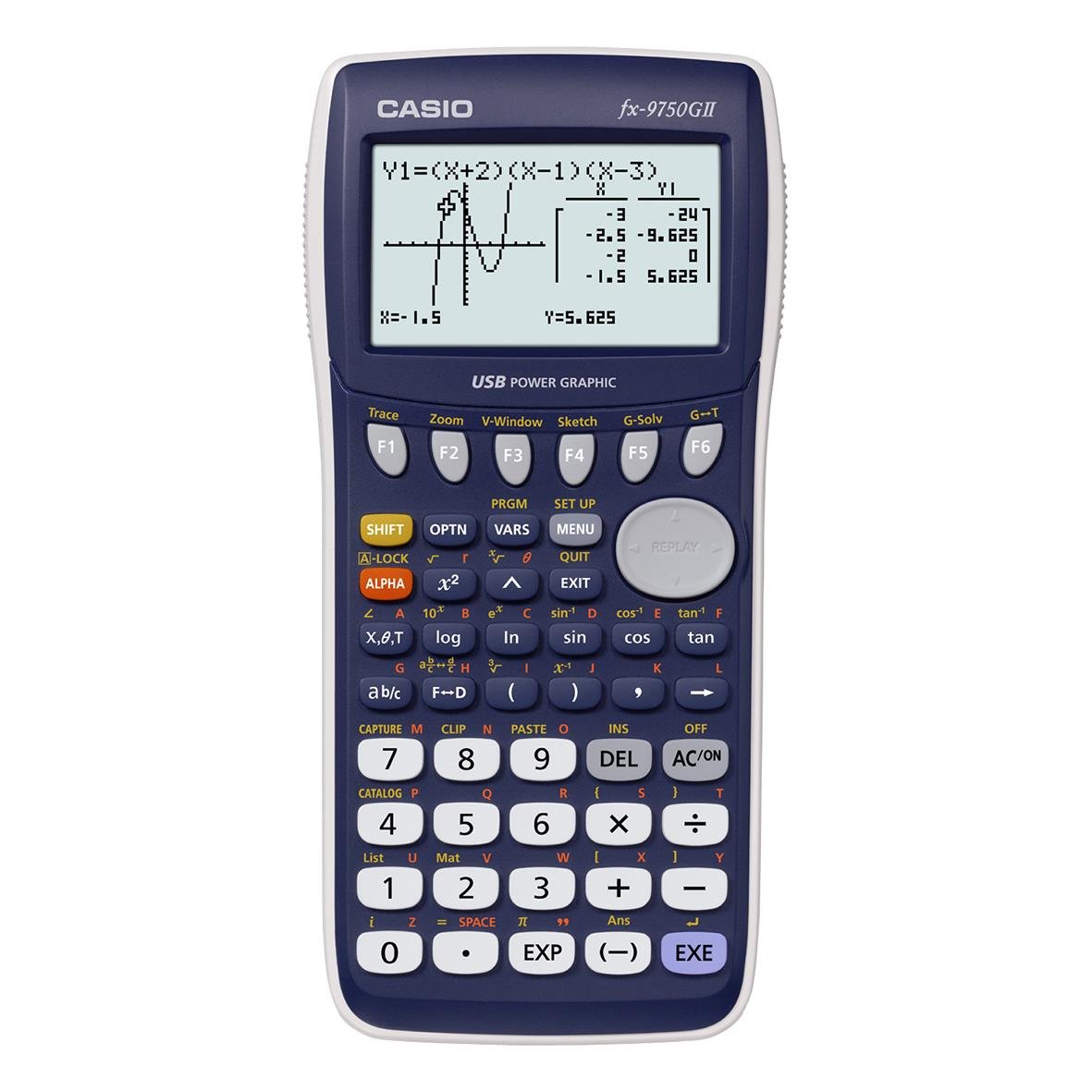 Casio FX-9750GII grafisk miniräknare med visning av matematiska funktioner och grafer