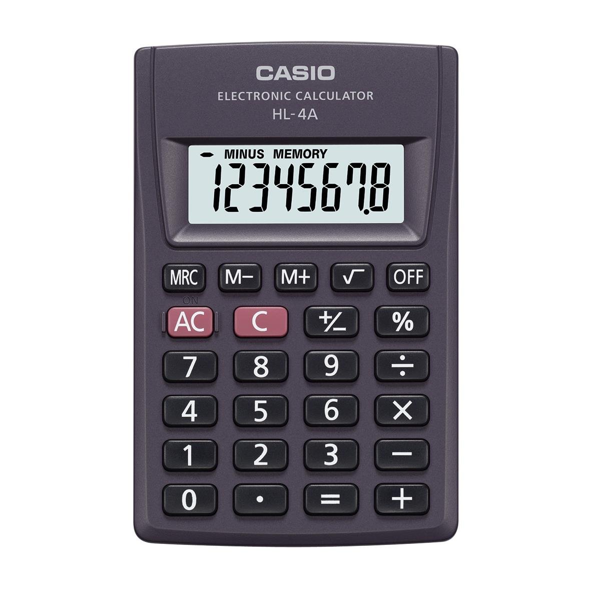 Miniräknare Casio HL-4A med stor display och knappar för grundläggande beräkningar