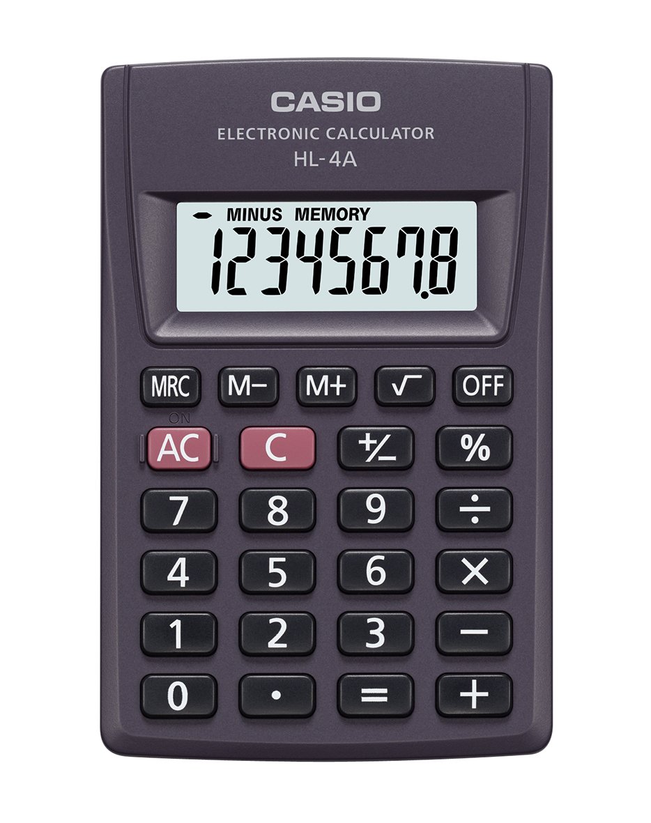 Miniräknare Casio HL-4A med stor display och knappar för grundläggande beräkningar