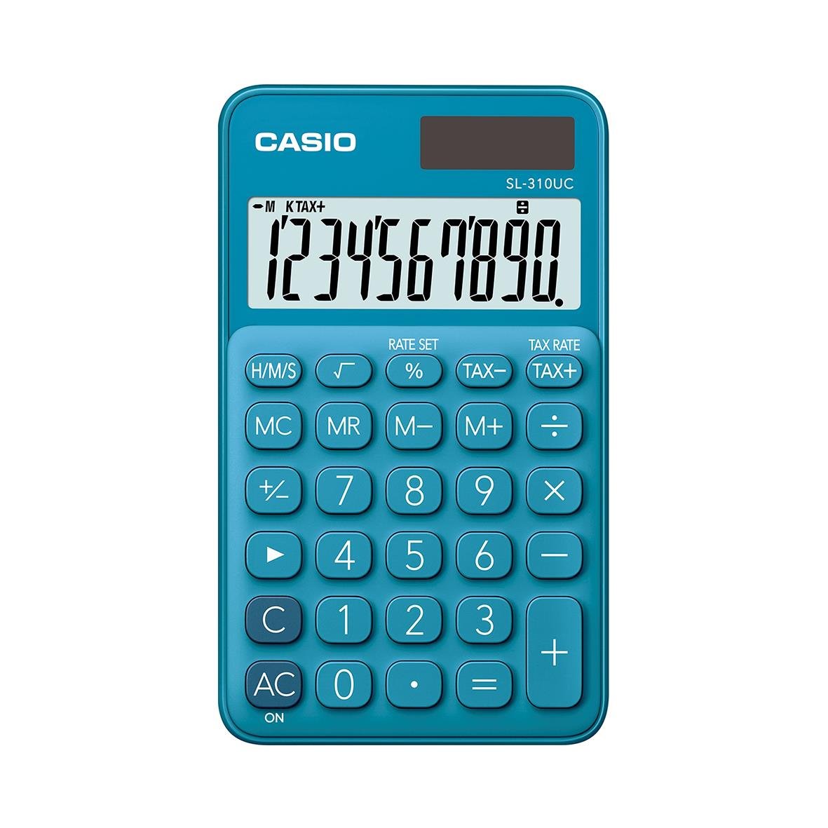 Blå Casio SL-310UC miniräknare med stor digital display och knappar för grundläggande beräkningar