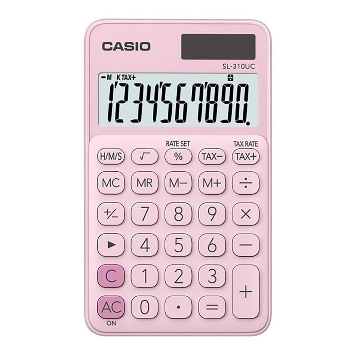 Rosa miniräknare Casio SL-310UC med digital display och knappar för matematiska funktioner