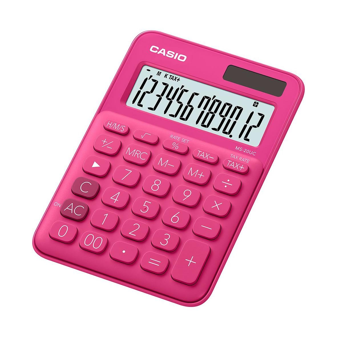 Rosa Casio MS-20UC bordsräknare med stor digital display och knappar