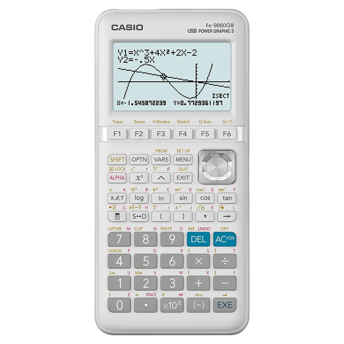 Casio FX-9860GIII grafisk räknare med graf och ekvationer på skärmen
