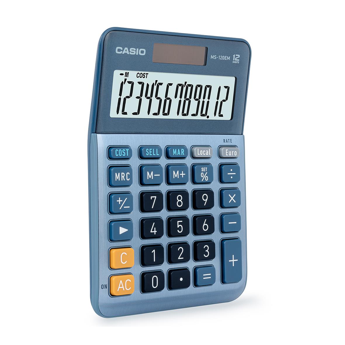 Bordsräknare Casio MS-120EM i blå färg med stor display och många funktionstangenter