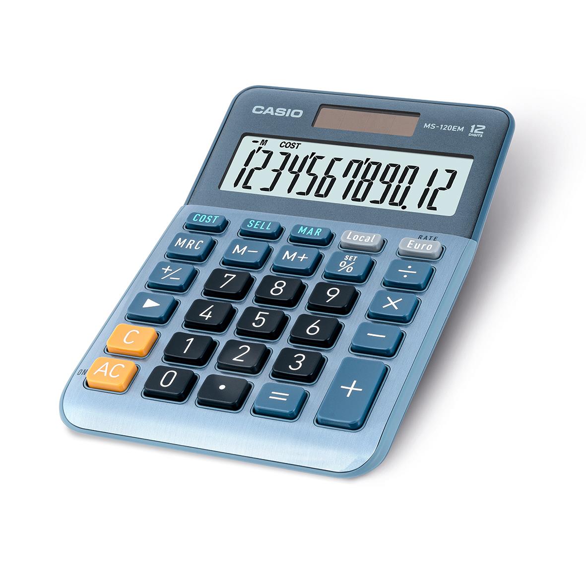 Bordsräknare Casio MS-120EM i blå färg med stor display och många knappar