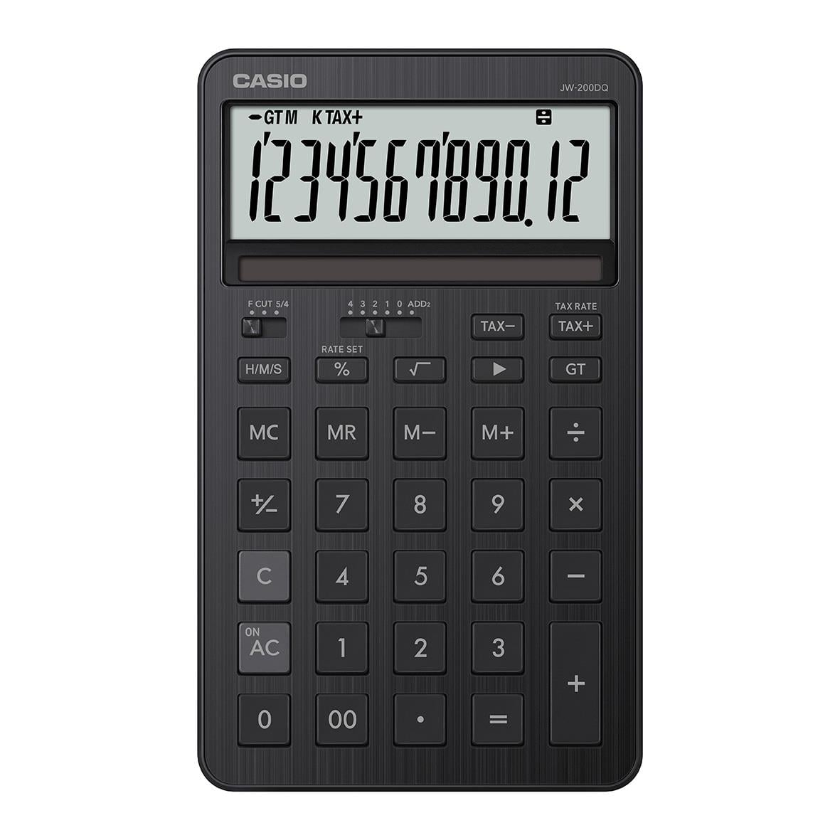 Svart Casio JW-D200DQ bordsräknare med stor display och många funktioner
