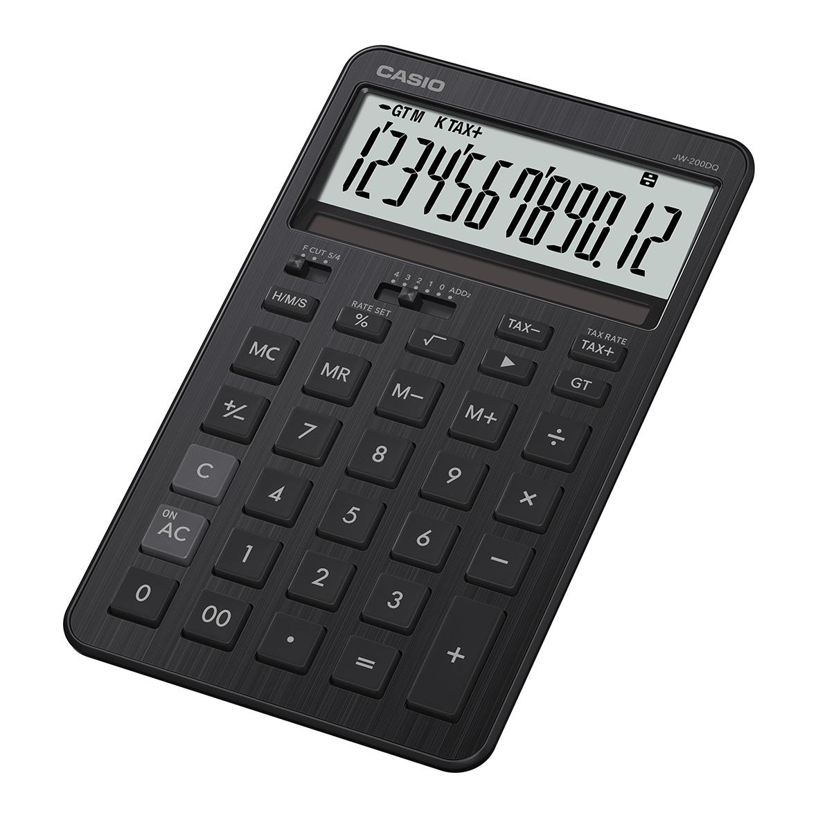 Svart Casio JW-D200DQ bordsräknare med stor display och många funktioner