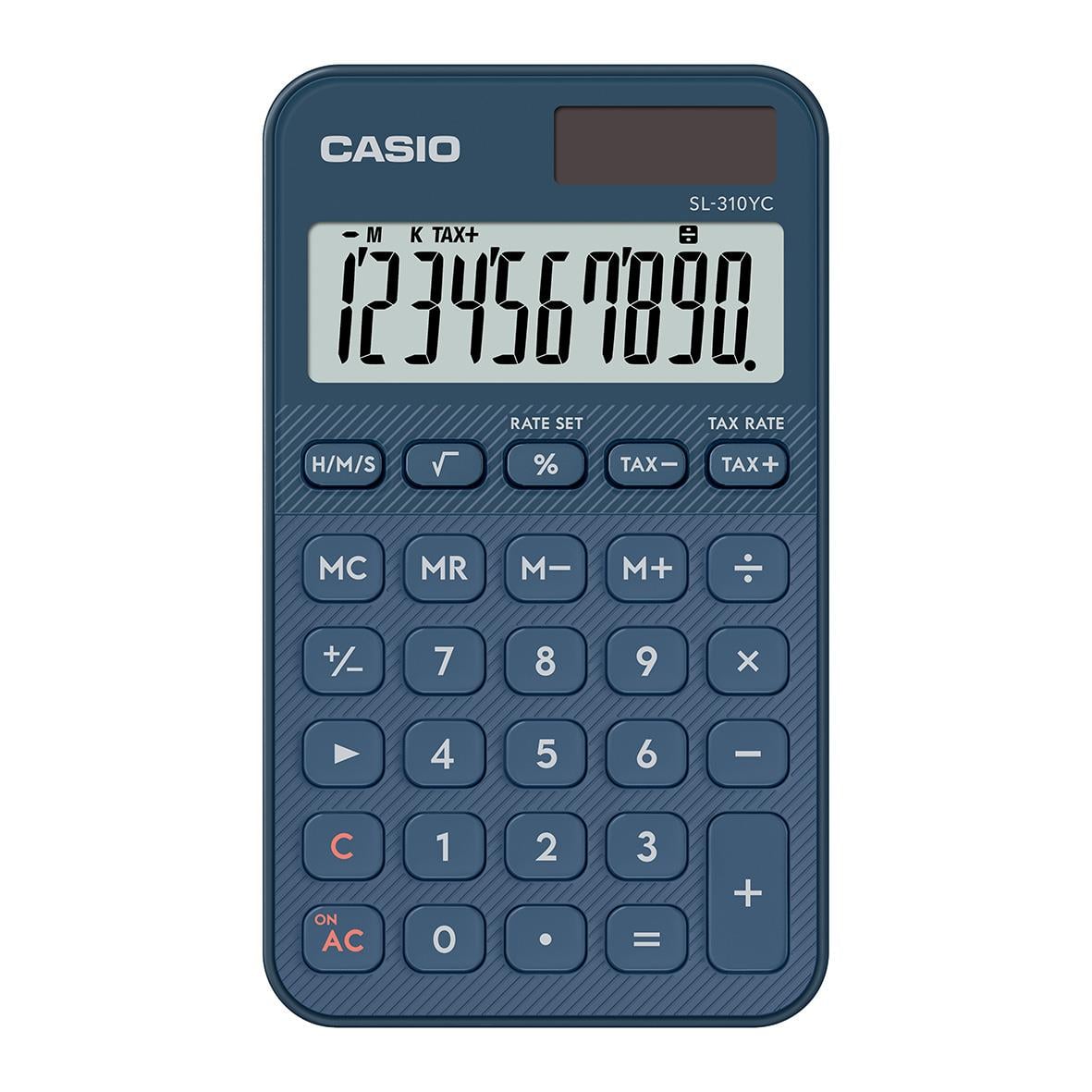 Blå Casio SL-310YC bordsräknare med stor display och många funktioner